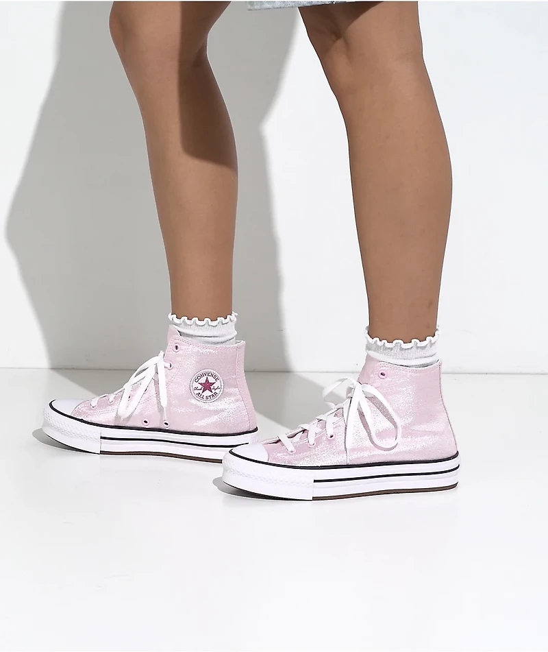 Converse Kids Chuck Taylor All Star Lift Shine New Found Bloom & White High Top Platform Shoes