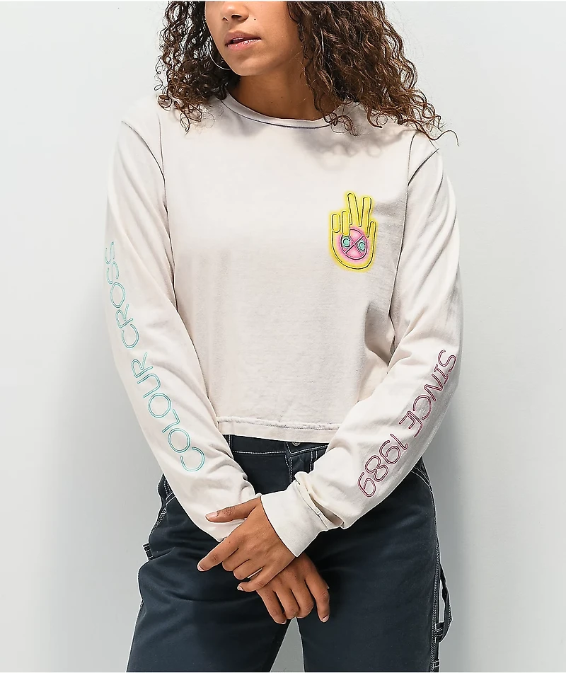 Cross Colours Neon Peace Logo Off-White Crop Long Sleeve T-Shirt