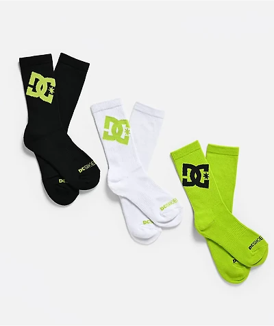 DC Graffik Logo 3 Pack Black, White & Green Crew Socks