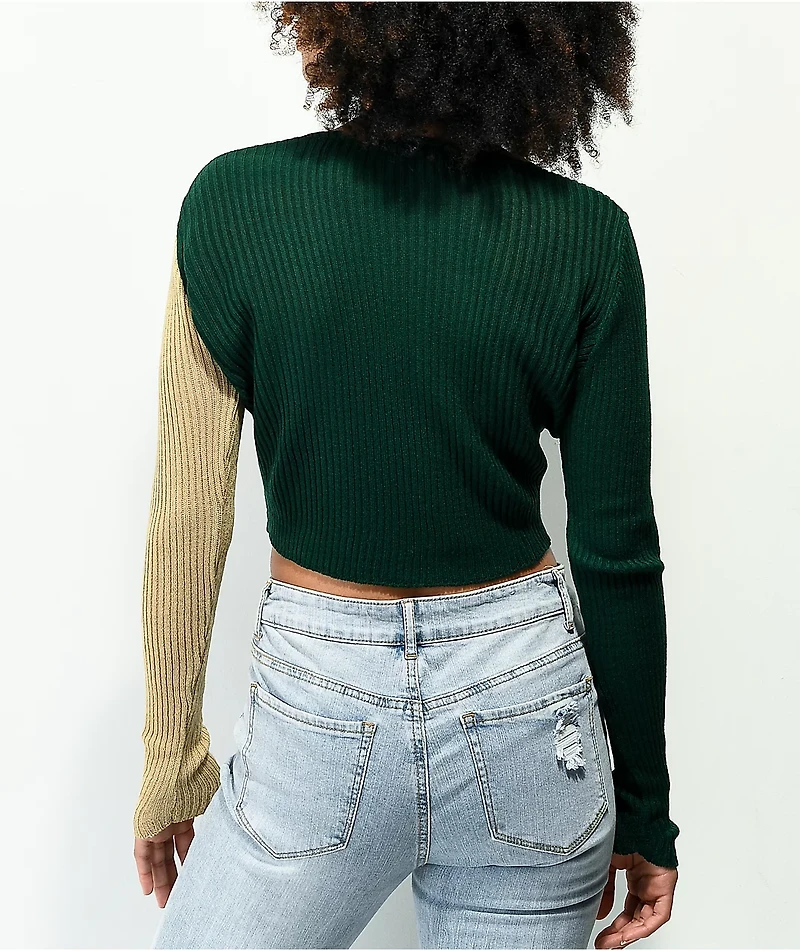 Daisy Street 90s Green & Beige Crop Cardigan Sweater