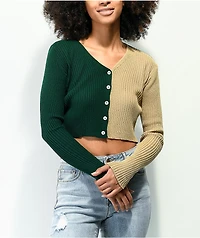 Daisy Street 90s Green & Beige Crop Cardigan Sweater