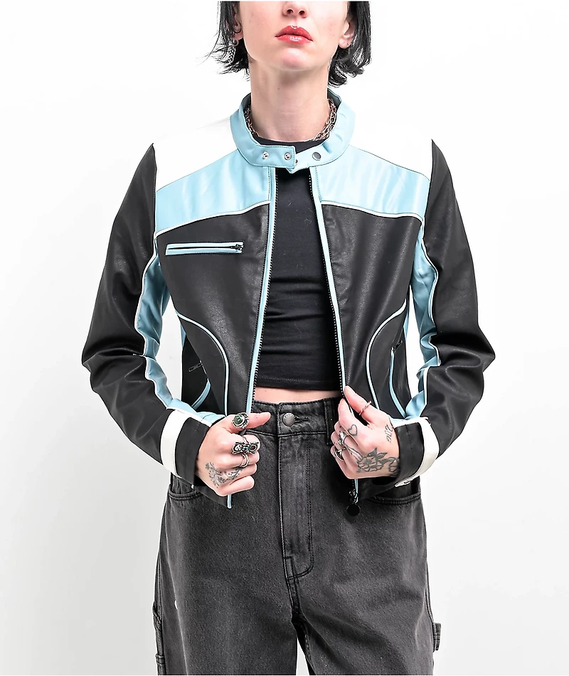 Daisy Street Blue & Black Color Block Moto Jacket
