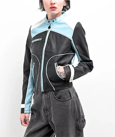 Daisy Street Blue & Black Color Block Moto Jacket