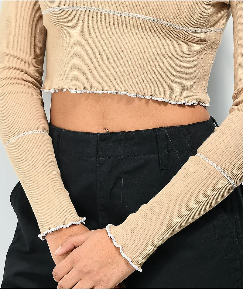Daisy Street Exposed Hem Khaki Crop Long Sleeve Shirt