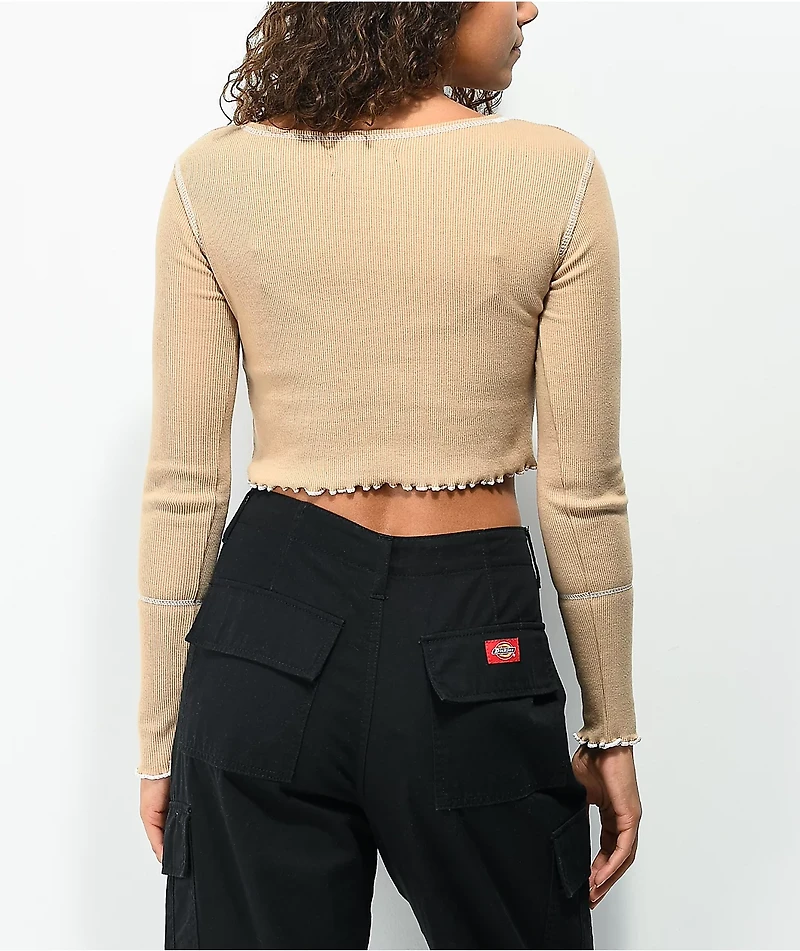 Daisy Street Exposed Hem Khaki Crop Long Sleeve Shirt