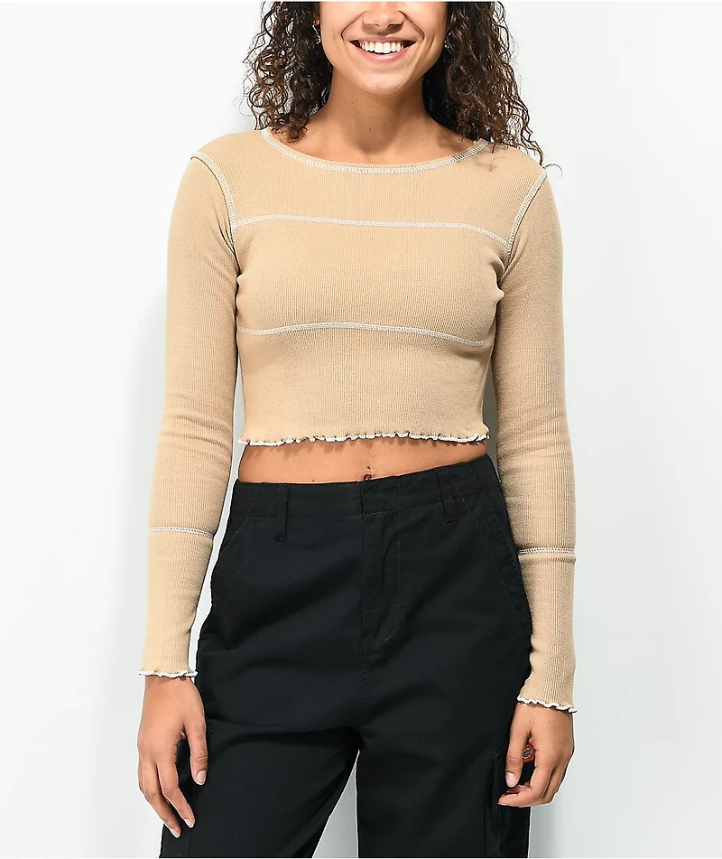 Daisy Street Exposed Hem Khaki Crop Long Sleeve Shirt