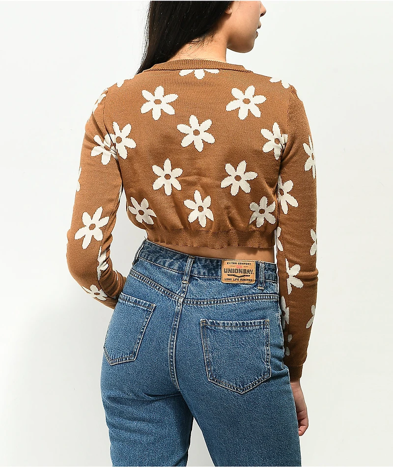 Daisy Street Flower Tan Crop Cardigan Sweater