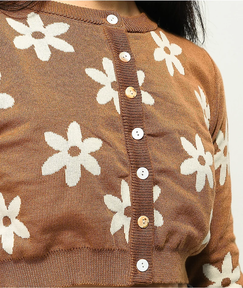 Daisy Street Flower Tan Crop Cardigan Sweater