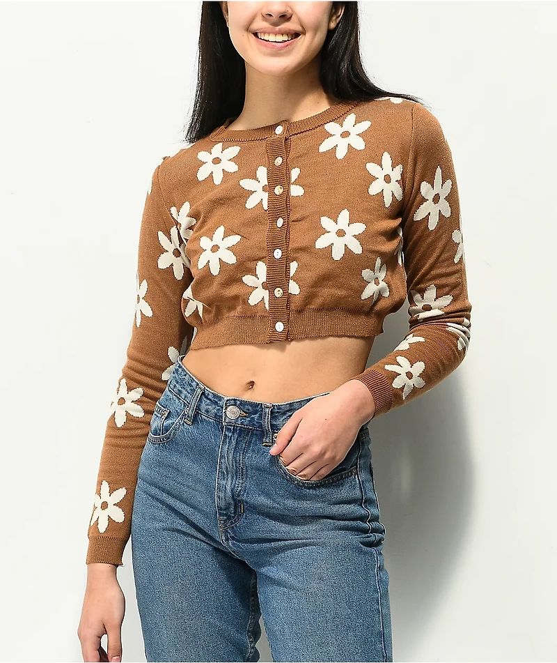 Daisy Street Flower Tan Crop Cardigan Sweater