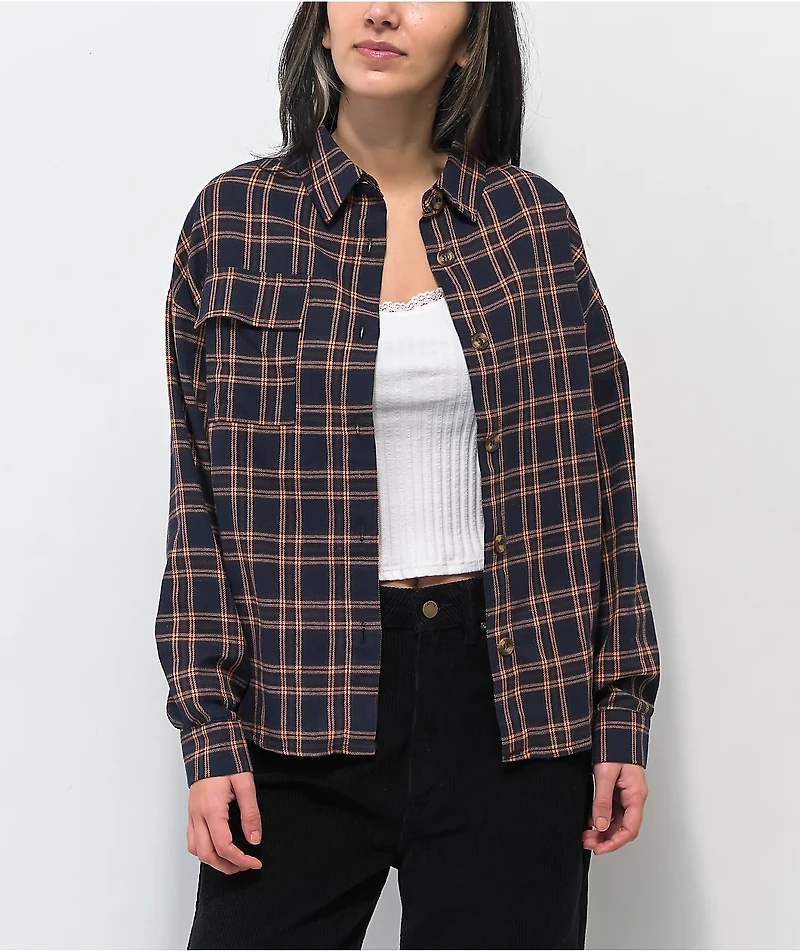 Daisy Street Lucy Navy & Orange Plaid Flannel Shirt