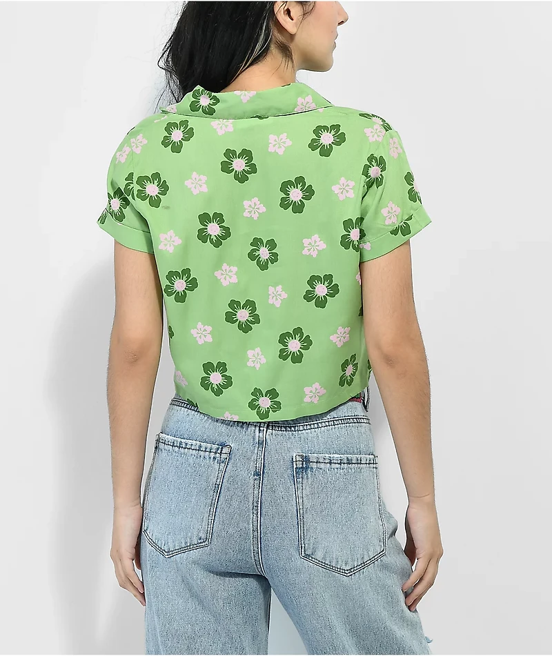 Daisy Street Sadie Hibiscus Green Button Up Short Sleeve Crop Shirt