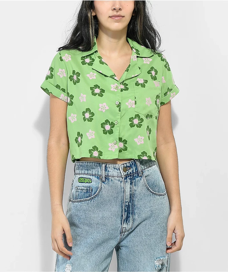 Daisy Street Sadie Hibiscus Green Button Up Short Sleeve Crop Shirt
