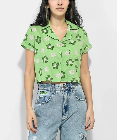 Daisy Street Sadie Hibiscus Green Button Up Short Sleeve Crop Shirt