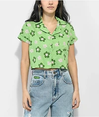 Daisy Street Sadie Hibiscus Green Button Up Short Sleeve Crop Shirt