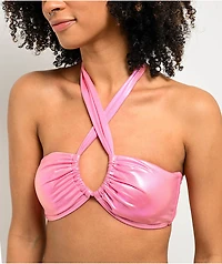 Damsel Kenni Pink Chrome Metallic Halter Bikini Top
