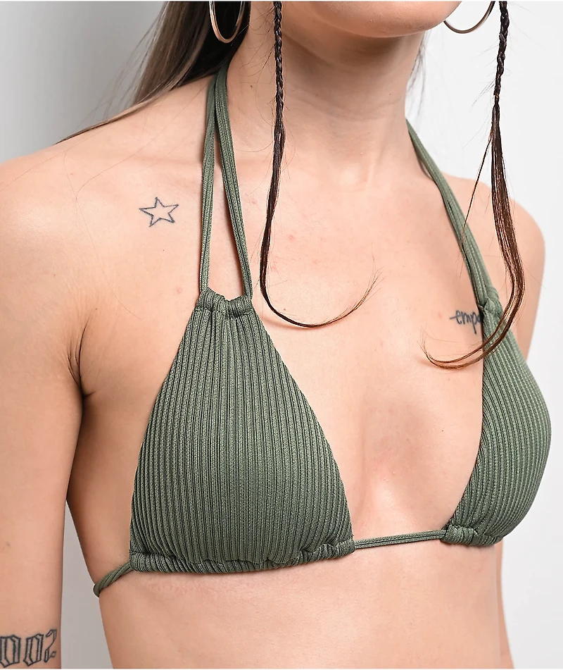 Damsel Olive Corded Rib Army Green Triangle Bikini Top