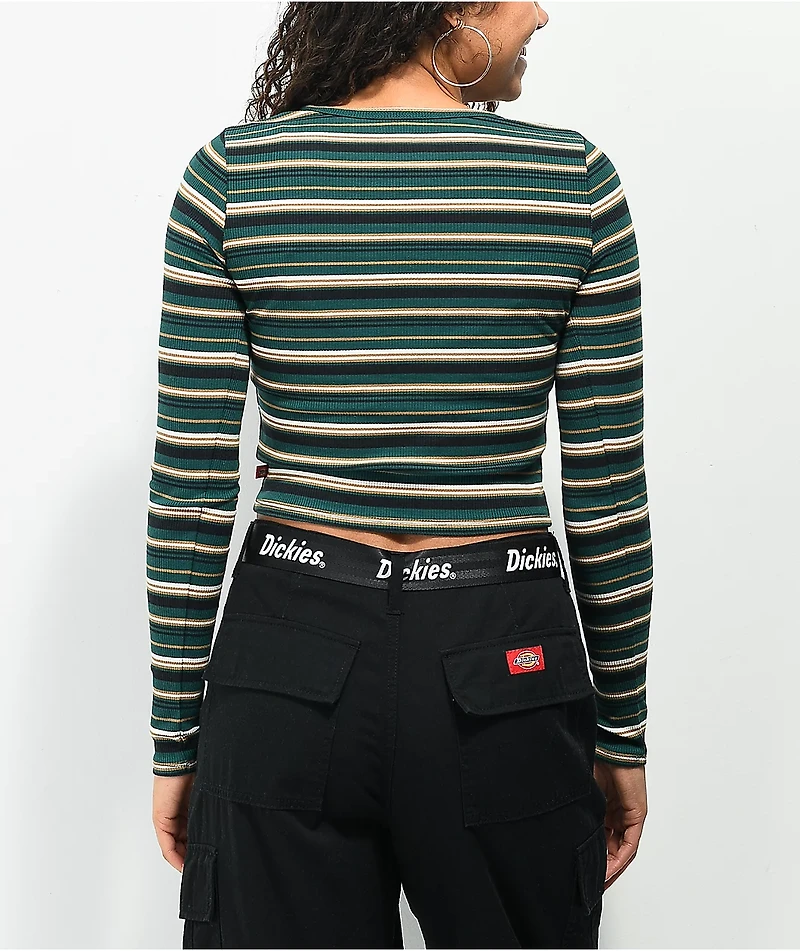 Dickies Forest Green Stripe Long Sleeve Button Front Top