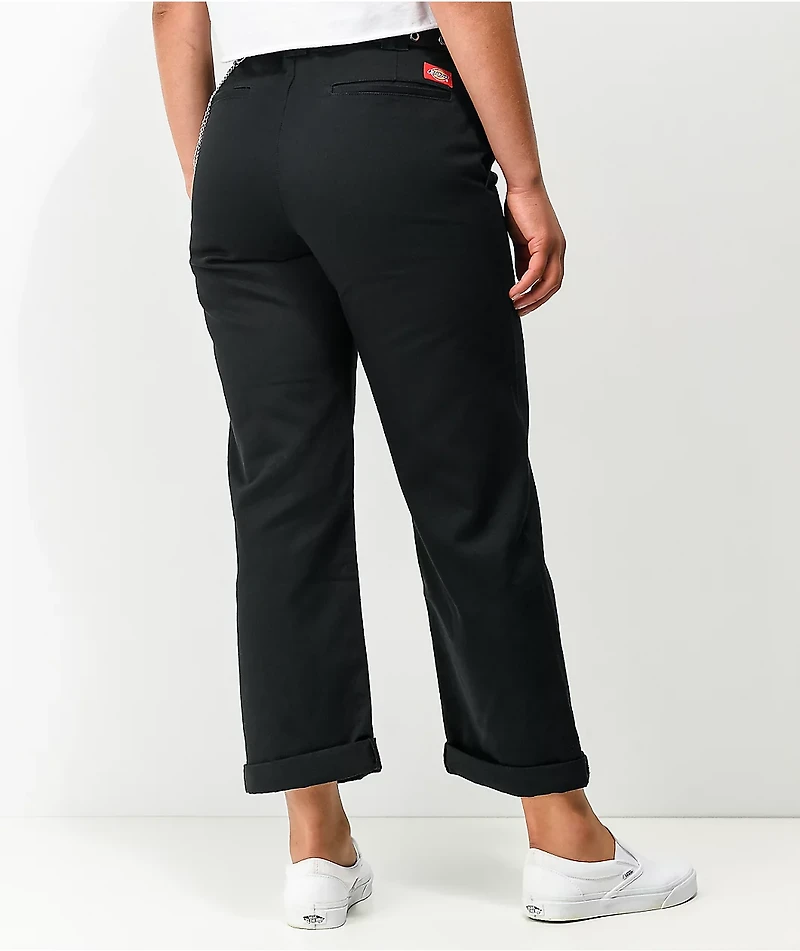 Dickies Roll Hem Belted Black Cropped Work Pants
