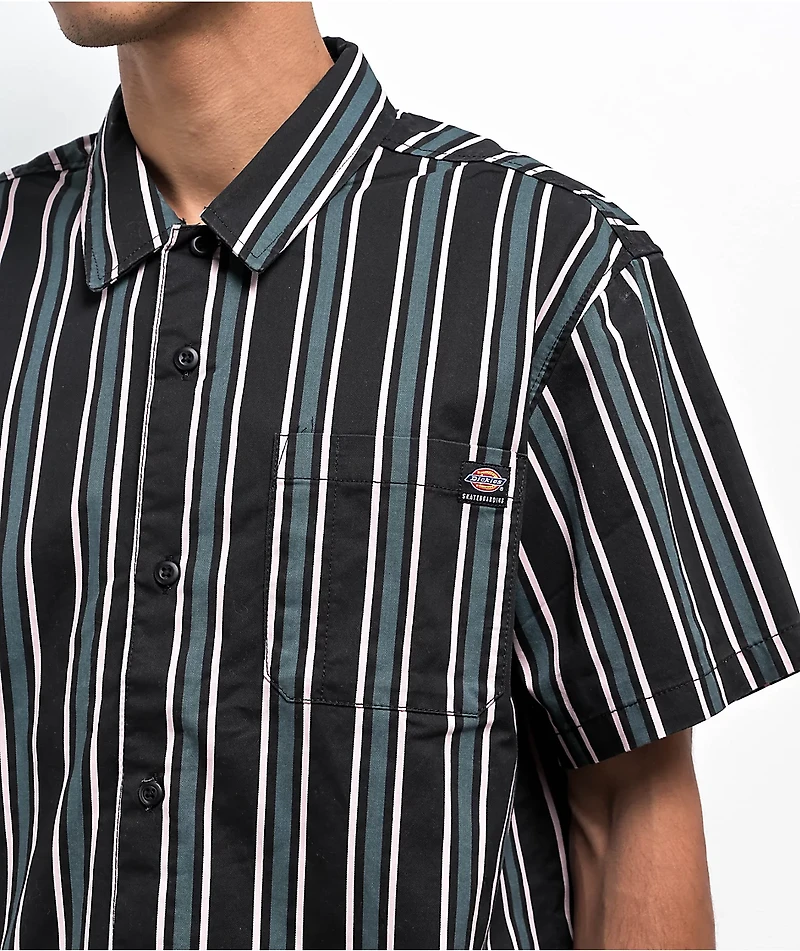Dickies Skateboarding Relaxed Cooling Green & Black Stripe Button Up Short Sleeve Shirt