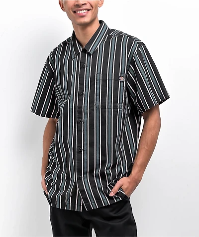 Dickies Skateboarding Relaxed Cooling Green & Black Stripe Button Up Short Sleeve Shirt