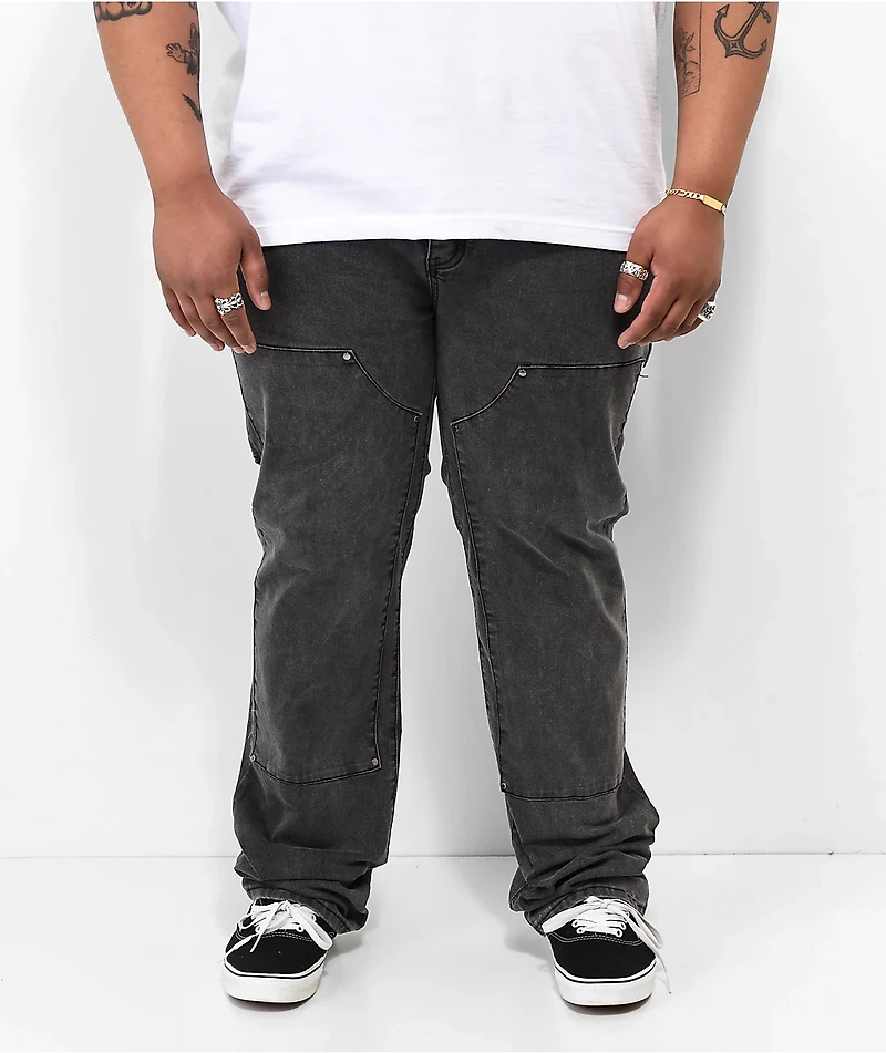 Dript Denim Decorated Black Wash Double Knee Carpenter Pants