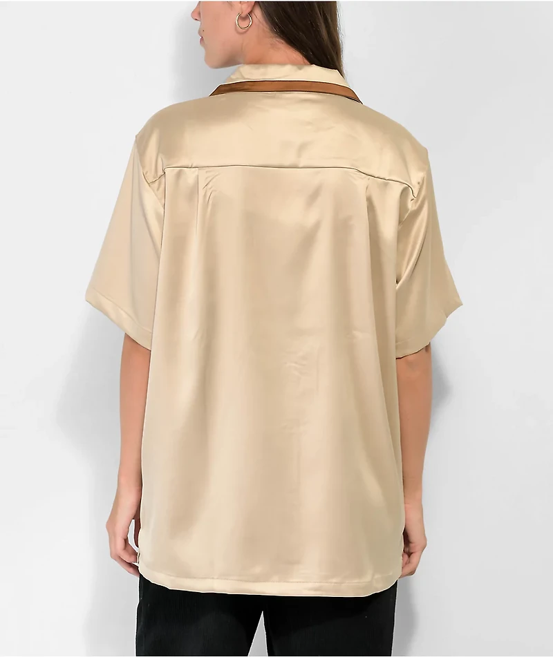 EPTM Villa Tan Satin Short Sleeve Button-Up Shirt