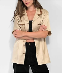 EPTM Villa Tan Satin Short Sleeve Button-Up Shirt