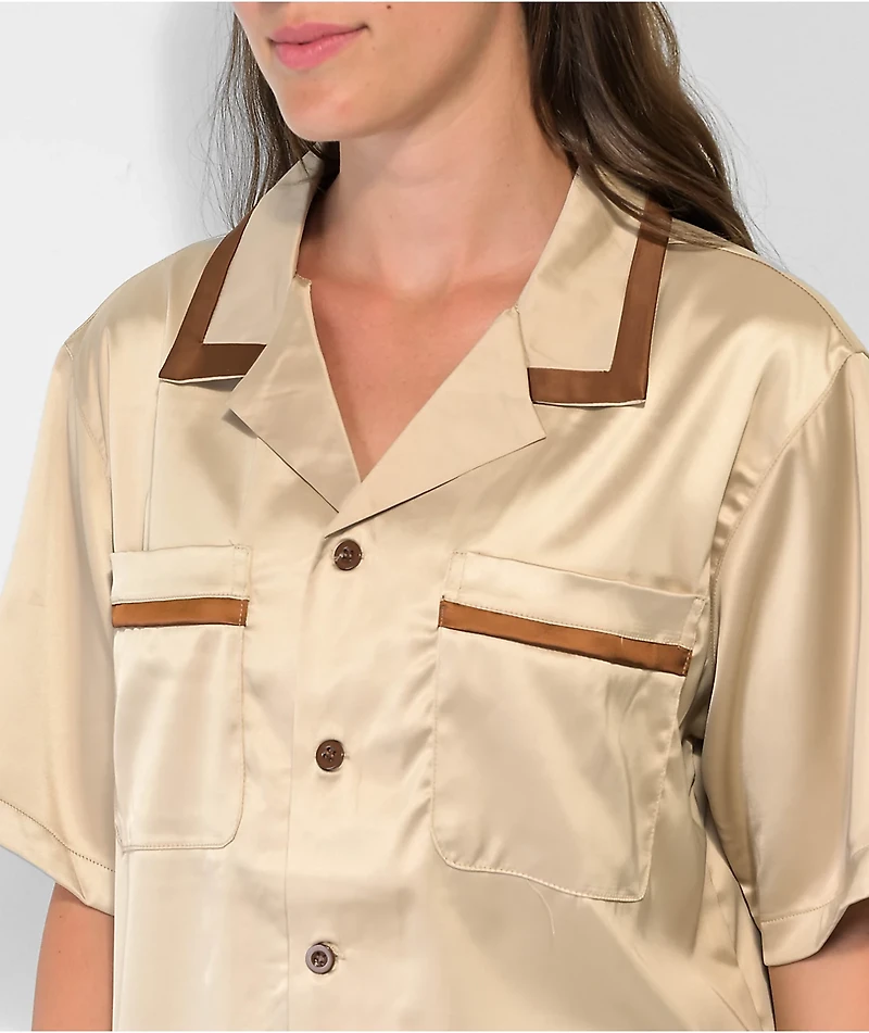EPTM Villa Tan Satin Short Sleeve Button-Up Shirt