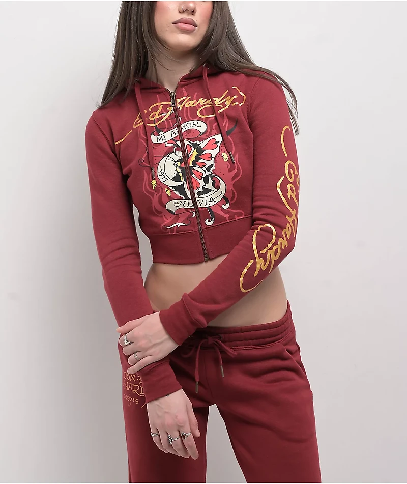 Ed Hardy Amor Butterfly Wine Crop Zip Hoodie