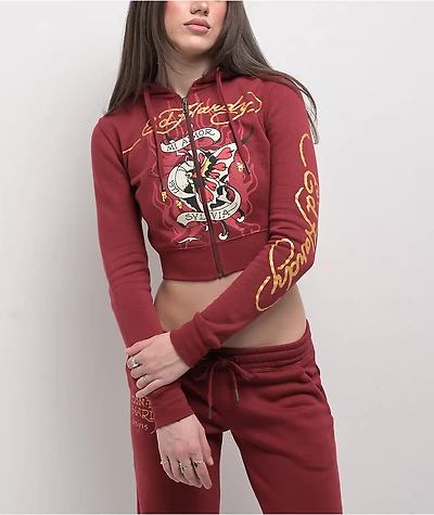 Ed Hardy Amor Butterfly Wine Crop Zip Hoodie