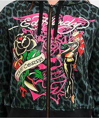 Ed Hardy Anchor Rose Green Leopard Crop Zip Hoodie