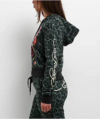 Ed Hardy Anchor Rose Green Leopard Crop Zip Hoodie