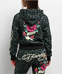 Ed Hardy Anchor Rose Green Leopard Crop Zip Hoodie