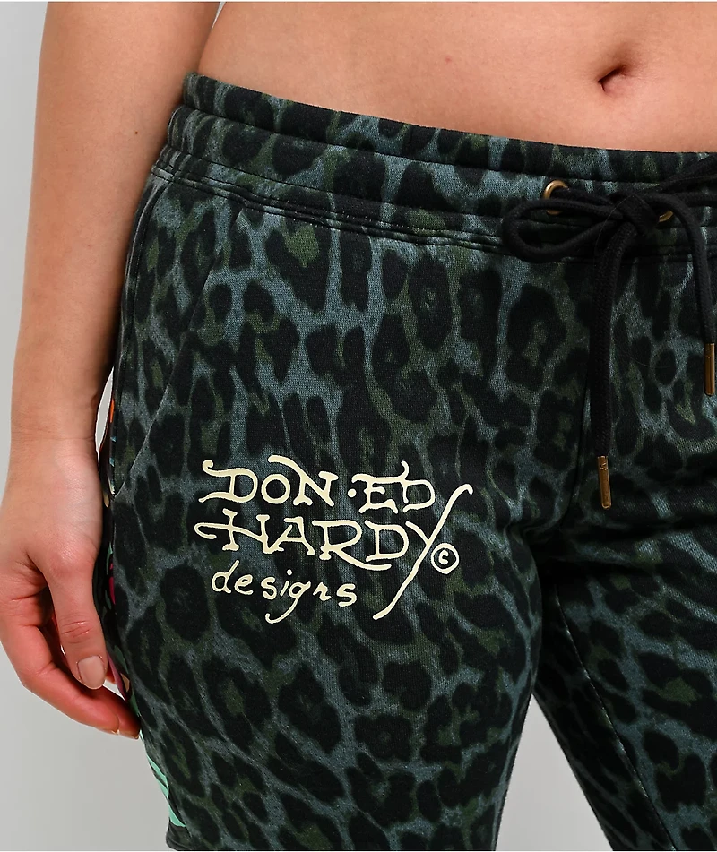 Ed Hardy Anchor Rose Green Leopard Flare Sweatpants