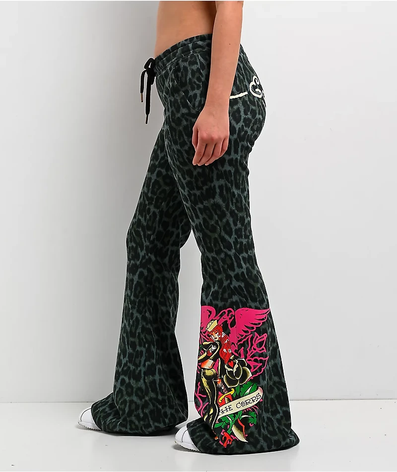 Ed Hardy Anchor Rose Green Leopard Flare Sweatpants