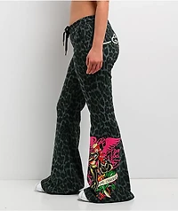 Ed Hardy Anchor Rose Green Leopard Flare Sweatpants