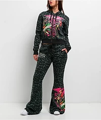 Ed Hardy Anchor Rose Green Leopard Flare Sweatpants