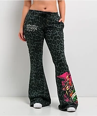 Ed Hardy Anchor Rose Green Leopard Flare Sweatpants