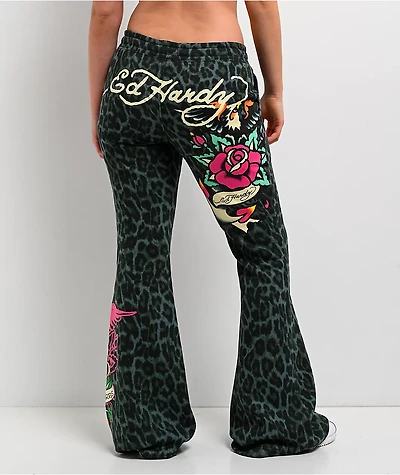 Ed Hardy Anchor Rose Green Leopard Flare Sweatpants