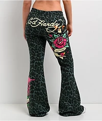 Ed Hardy Anchor Rose Green Leopard Flare Sweatpants