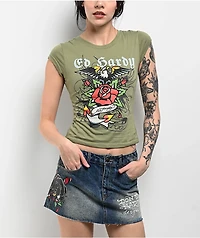 Ed Hardy Anchor Rose Olive T-Shirt