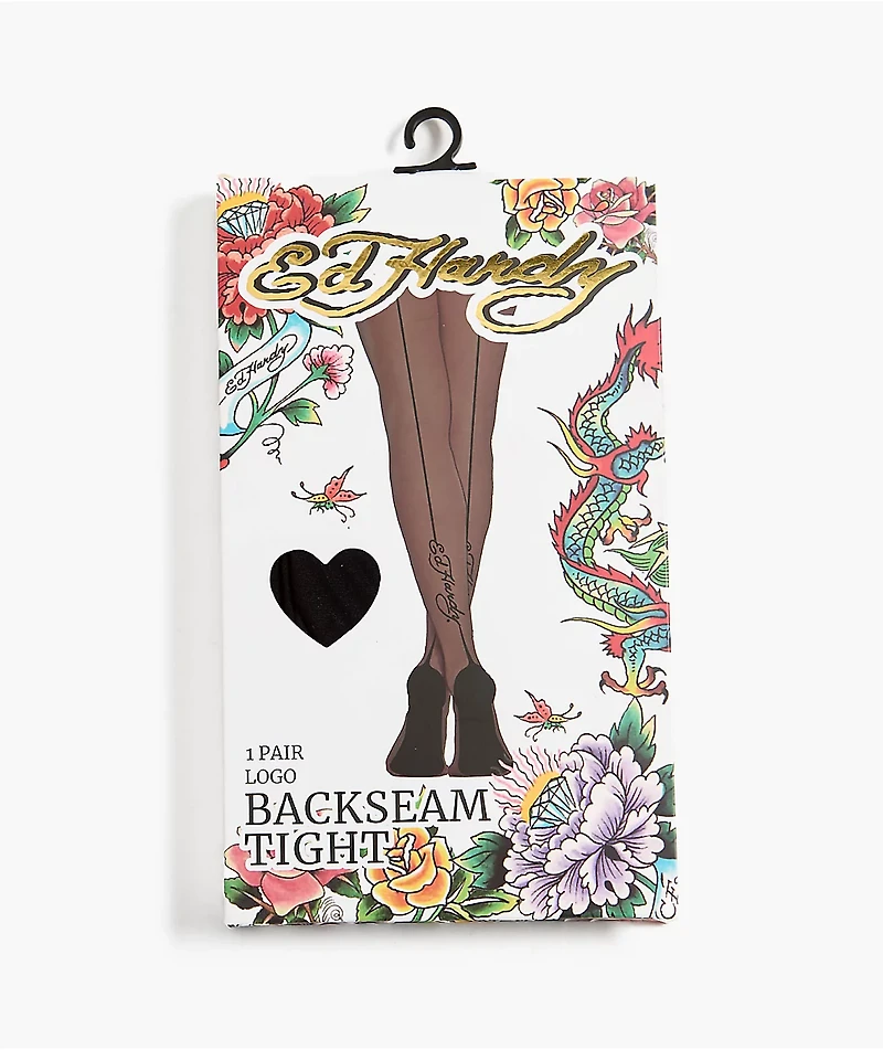 Ed Hardy Backseam Logo Sheer Black Tights