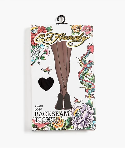 Ed Hardy Backseam Logo Sheer Black Tights