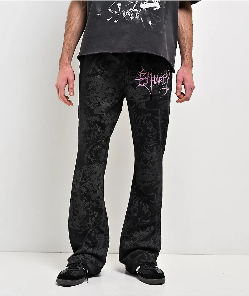Ed Hardy Bat Skull Black Bootcut Sweatpants