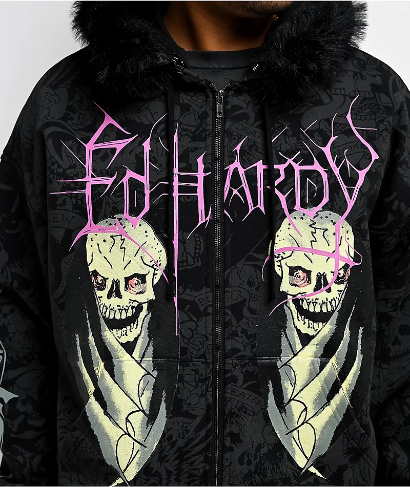 Ed Hardy Bat Skull Faux Fur Black Zip Hoodie