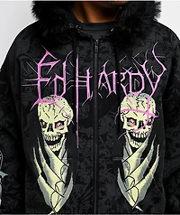 Ed Hardy Bat Skull Faux Fur Black Zip Hoodie