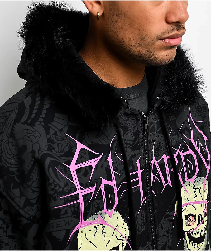 Ed Hardy Bat Skull Faux Fur Black Zip Hoodie