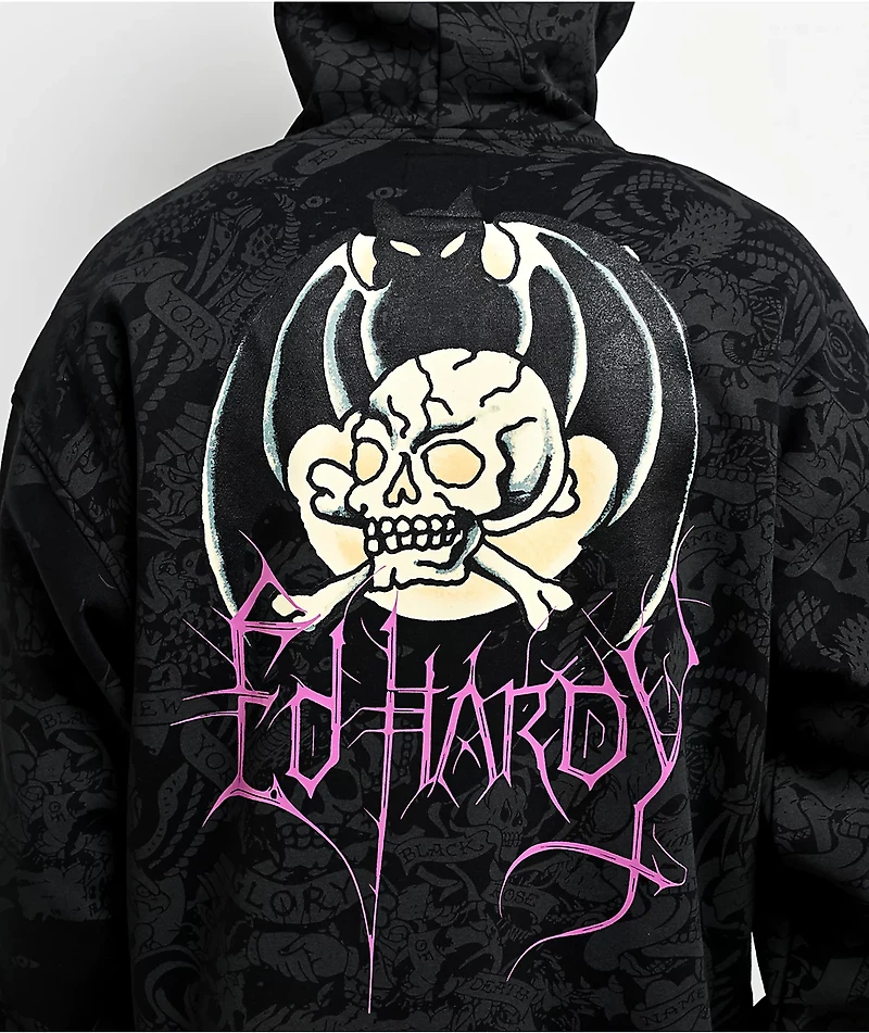 Ed Hardy Bat Skull Faux Fur Black Zip Hoodie