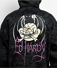 Ed Hardy Bat Skull Faux Fur Black Zip Hoodie