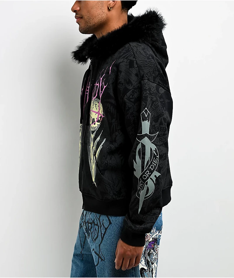Ed Hardy Bat Skull Faux Fur Black Zip Hoodie